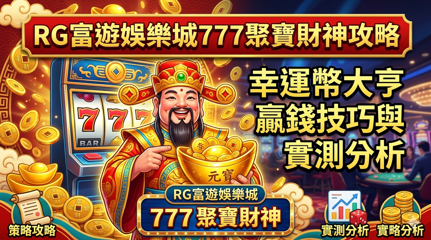 這張圖片以「RG富遊娛樂城777聚寶財神」為主題,中間繪有手捧金元寶的財神與老虎機,背景充滿金色錢幣與吉祥元素。 整體設計採用亮眼的金紅色調,並標註「幸運幣大亨贏錢技巧與實測分析」等文字,明確傳達了遊戲攻略的專業資訊。